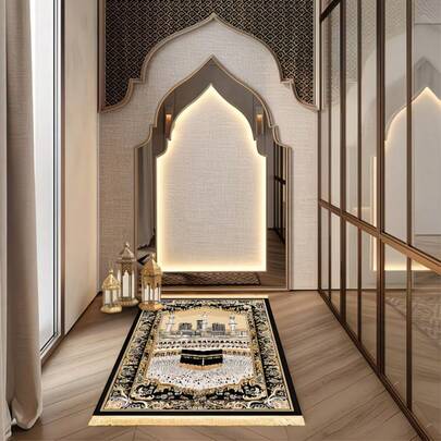 1 pieza Alfombra de oración gruesa y de lujo para uso doméstico y culto islámico - Alfombra de oración musulmana antideslizante, plegable, lavable a máquina, suave y cómoda, con diseño portátil adecuado para viajes o uso en interiores, con decoración con flecos