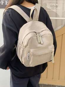 Ba lô thời trang tối giản, đa năng, chất liệu vải nhung kẻ màu trơn dành cho nữ. - Màu Khaki - Xem 3
