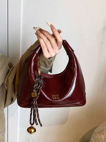 1pc Women Faux Snake Skin Woven Solid Color PU Tote Bag, Versatile Fashion, With Random Pattern Pendant