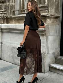 Women's Elegant Solid Color Lace Patchwork Skirt Vacation Spring - Coffee Brown - View 2