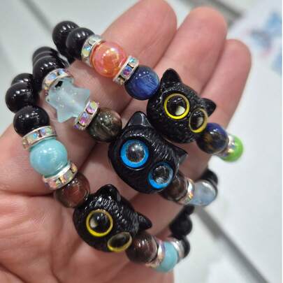 2 pulseira Perola 8mm Passa Frente Bolinhas Preta Feminina Uso Diário modelo Gatin Pulseira Amizade