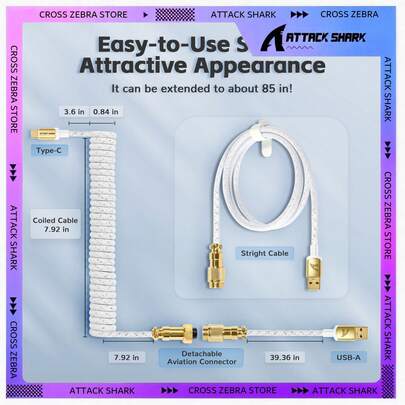  ATTACK SHARK 定制螺旋式 USB-C 转 A 游戏键盘连接线，双层星光编织线，带可拆卸金属航空 24K 镀金接头，长度 1.7 米-2.2 米，适用于主流游戏主机键盘/PC 游戏玩家，礼品、节日礼物、家庭礼物 - 白色/灰色/红色/黑色/粉色