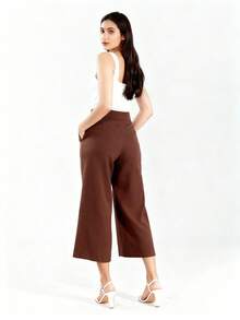 Women's Linen Capri Midi Pantacourt Trousers With Buttons, Wide Leg, Flare, High Waist, Casual Style - Rust Brown - View 2