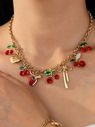 1 Pc Crystal Rhinestone Cherry Charm Necklace, Cute Bow & Heart Locket Pendant Necklaces For Women, Fashionable Jewelry Gift For Her