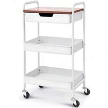 3-Tier Metal Rolling Utility Cart With Drawer And Wooden Table Top, White Storage Trolley With Locking Wheels For Kitchen, Office, Classroom, Dorm, And Bedroom - White - View 7
