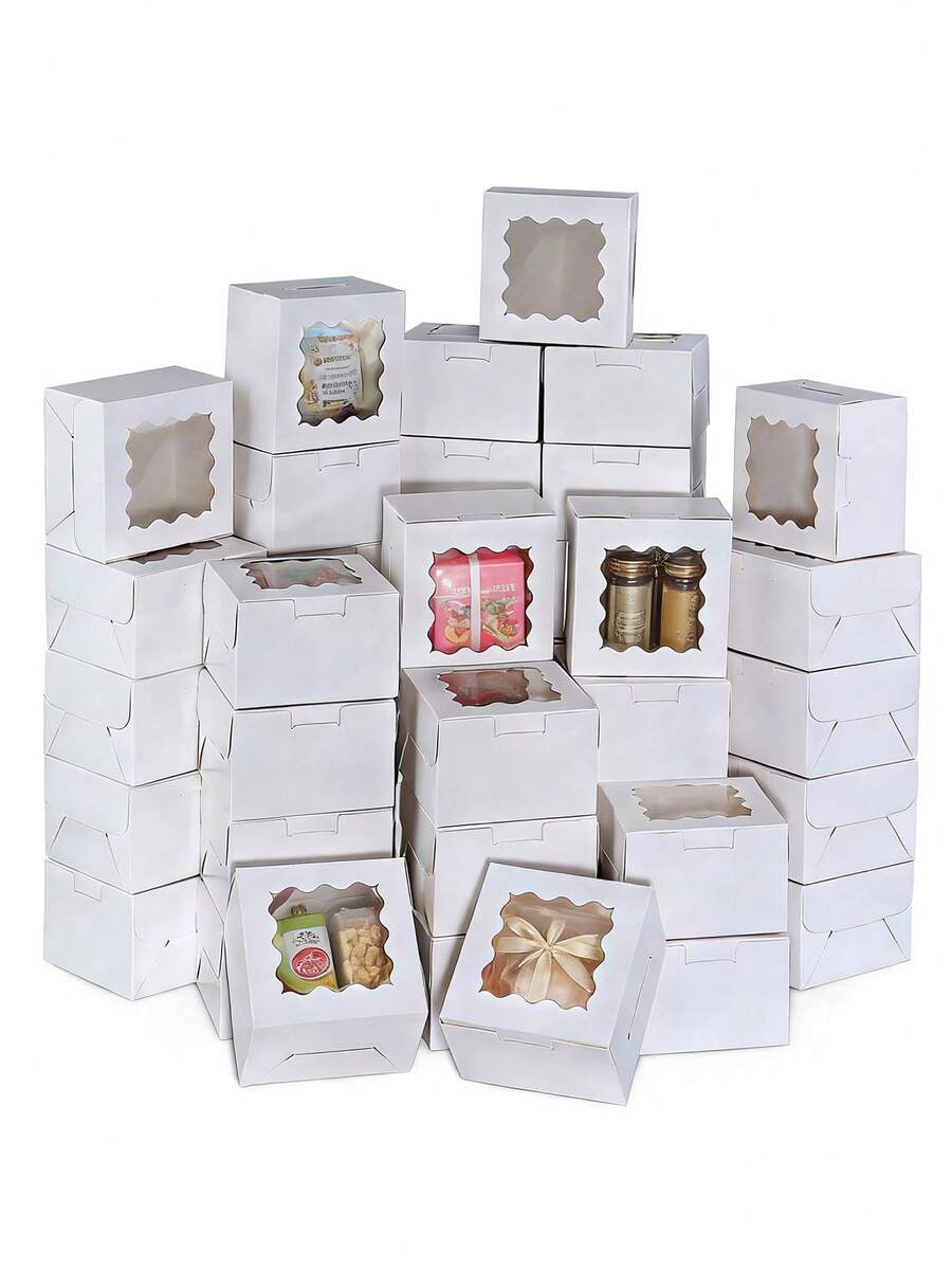 50pcs White/Kraft Paper Baking Boxes With Window, Paper Card Gift Boxes Suitable For Pastries, Pies, Cupcakes
