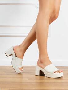 Women Minimalist Square Toe Chunky Platform Heeled Mule Sandals Elegant Slip On Square Open Toe Heeled Sandals For Outgoing School Party Prom - 白色 - 查看 3