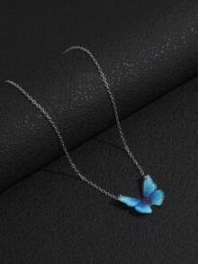 1pc INS Style Blue Butterfly Clavicle Chain, Fashion Versatile Minimalist 3D Realistic Blue Butterfly Necklace For Women - Silver - View 4