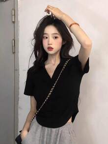 Women's Y2K Minimalist Solid Black Fitted Waist Sweet Sexy Versatile Collared Short Sleeve Top T-Shirt, Spring/Summer - Black - View 8