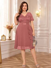 Elegant Sequin Lace V-Neck Chiffon Ruffle Hem Evening Party Maxi Skirt - Dusty Pink - View 7