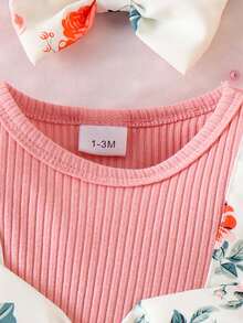 1 pieza Mono estampado de parchwork acanalado cómodo y lindo para bebé niña, estilo Mori ligero de verano - Rosado Sandía - Ver 3
