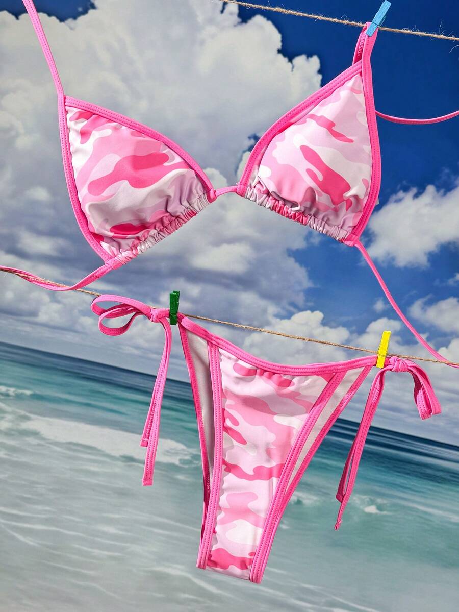 两件套女士性感迷彩印花比基尼套装，可调节侧系带三角泳裤，适合海滩、度假、夏季穿着，粉色 - 粉色 - 查看 1