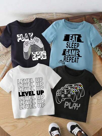 男婴游戏手柄图案印花短袖上衣