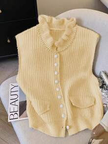 Women's Cream Yellow Ruffled Collar Knit Vest - With Buttons And Pockets, Suitable For St. Patrick's Day And Easter - Apricot - View 11