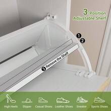 Zapatero independiente con 2 puertas abatibles y 1 cajón - Estilo granja, patas metálicas, diseño angosto para entrada o pasillo - Mueble organizador de calzado funcional y elegante - Blanco - Ver 5