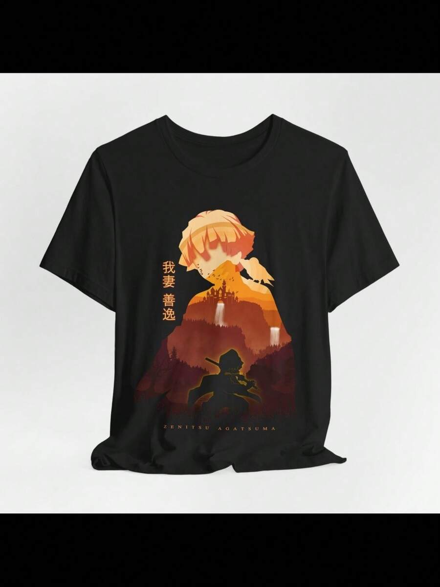 Zenitsu Silhouette Tee,  Anime Shirt, Japanese Art Top, Manga Fan - Black - View 1