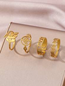 4 Stücke/5 Stücke Set minimalistische Mode kühler Ton Landschaft Edelstahl vergoldeter Liebesblatt offener Ring Set, geeignet für Damen Alltag, Festivals, Partys oder als Geburtstags-, Valentinstags-Geschenk - Gold - Übersicht 7