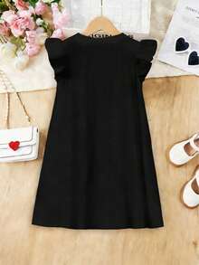 少女复古休闲字母印花连衣裙，优雅日常穿着连衣裙 - 黑色 - 查看 3