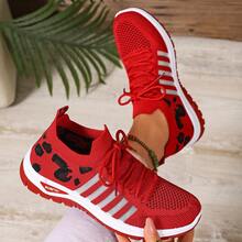 Women's Lightweight Non-Slip Breathable Leopard Print Fabric Lace-Up Low-Top Outdoor Casual Sports Shoes, Spring/Summer - Red - View 5