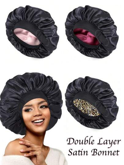 Verstelbare dubbellaagse satijnen slaapmuts, zijden slaapmuts, omkeerbaar, lichtgewicht haarverzorgingsmuts, comfortabel de hele nacht, past zich aan de vorm van het hoofd aan, geschikt voor lang, krullend of gevlochten haar, modieus en comfortabel, unisex haarverzorging voor 's nachts