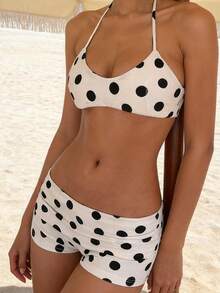 Women 2 Piece Bikini Shorts Set Y2k Halter String Triangle Bikini Top With Low Rise Swim Boyshorts Beachwear - 白色 - 查看 2