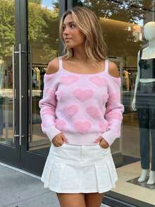 Women's Valentine's Day Heart Sweater Cold Shoulder Long Sleeve Knit Jumper Romantic Round Neck Pullover Tops - Pink - View 4
