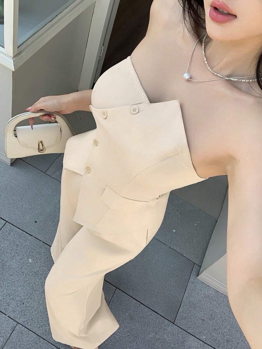 abyoxi 女士米色系带腰部假口袋单排扣抹胸上衣搭配高腰阔腿裤两件套，休闲、通勤、日常外出、办公室、约会、情人节、春夏短款上衣搭配长裤套装 - 杏色 - 查看 1