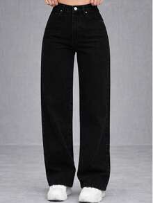Women's Black Wide Leg Jeans, High Waist, Palazzo Style - 黑色 - 查看 5