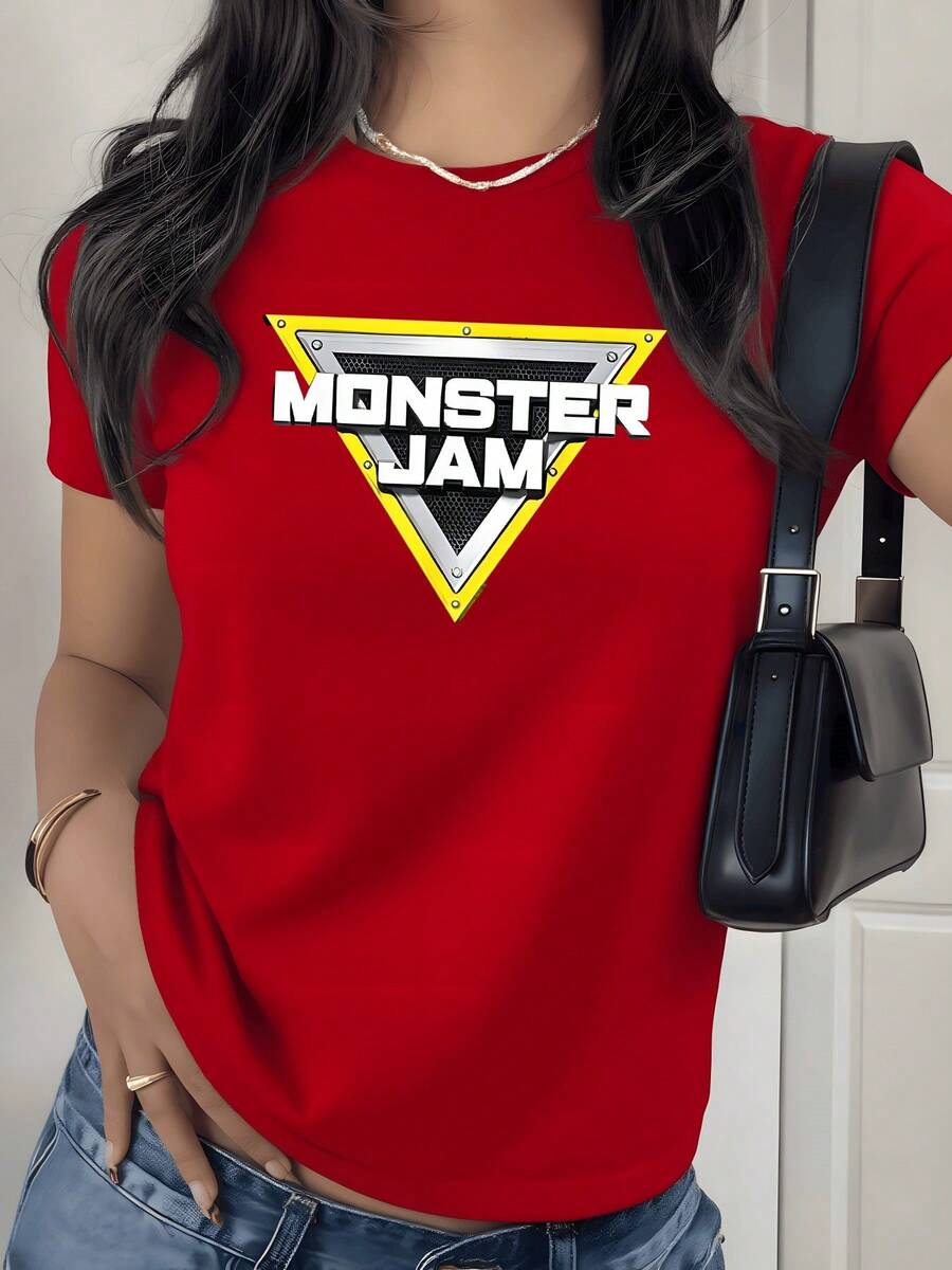 Monster Jam Triangle Graphic Print T Shirt 220g 1pcs Statement Logo Women's Casual 100% Cotton Tee Streetwear Style - 紅色 - 查看 1
