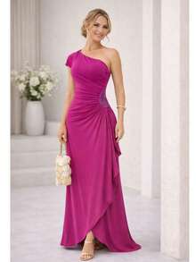Long Dress For Bridesmaid, Elegant Straight Cut With Sequined Side For Women, Graduation Event Guests - 玫瑰紅 - 查看 1