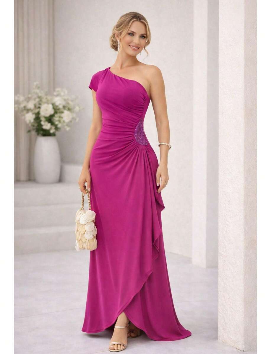 Long Dress For Bridesmaid, Elegant Straight Cut With Sequined Side For Women, Graduation Event Guests - 玫瑰紅 - 查看 1