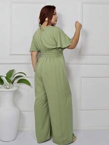 Women's Plus Size Plain Long Jumpsuit, Wide Leg, Short Sleeve, V-Neck, Ruched Front, Comfortable - Verde Oliva - Ver 8