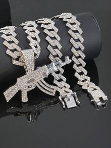 Fully Iced-Out Cuban Link AK-47 Rifle Pendant Necklace, Bling Chunky Chain Necklace For Men, Hip Hop Street Style - Gun Pendant Necklace - View 6