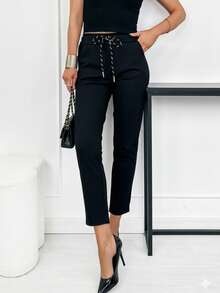 Pantalones rectos de pierna recta con cintura con cordón, bolsillos de contraste y alta elasticidad - Negro - Ver 1