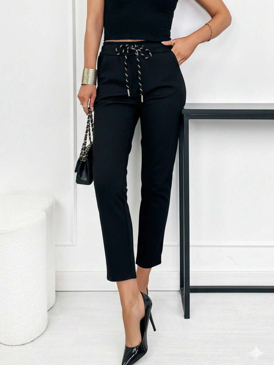 Pantalones rectos de pierna recta con cintura con cordón, bolsillos de contraste y alta elasticidad - Negro - Ver 1