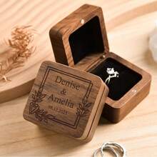 1pc Walnut Wood Oval 2-Slot Custom Personalized Ring Box, Square Walnut Ring Box, Round Ring Box For Wedding Rings, Laser Engraved Wood Ring Box For Proposal, Engagement, Anniversary, Valentine's Day, Birthday,Warm Ambience,Fall Decor,Elegant Living,Artful Living - Multicolor - View 7