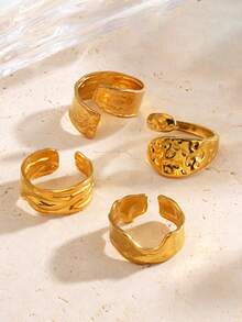 4pcs/Set Stainless Steel 18K Gold Plated Asymmetrical Geometric Open Ring Set, Suitable For Women Daily & Party Wear - Yellow Gold - View 4