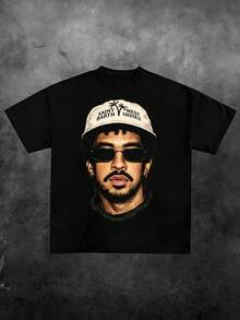 Retro Bad Rabbit Benito Bowl Saint Barth West Indies Cap Portrait Print Graphic Tee,Casual Print,Comfortable And Versatile,Pure Heavy 220g 100% Cotton Printed T-Shirt,Unisex Style,1 Pcs - 黑色 - 查看 1