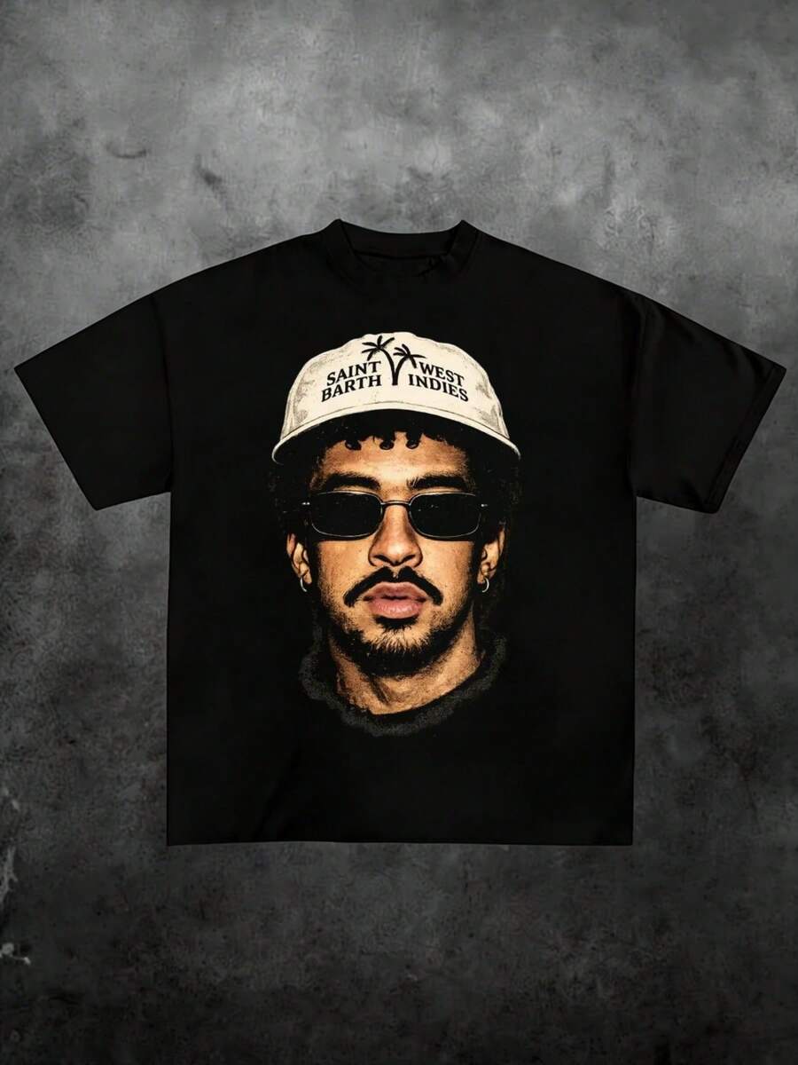 Retro Bad Rabbit Benito Bowl Saint Barth West Indies Cap Portrait Print Graphic Tee,Casual Print,Comfortable And Versatile,Pure Heavy 220g 100% Cotton Printed T-Shirt,Unisex Style,1 Pcs - 黑色 - 查看 1