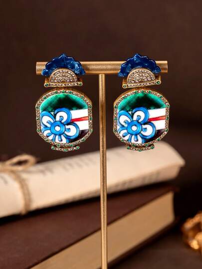 1 par de pendientes vintage con incrustaciones de rhinestones con patrones florales y de hojas, polígonos geométricos y un estilo de palacio retro, disponible en múltiples estilos adecuados para el uso diario de las mujeres, banquetes, regalos y accesorios de baile de graduación