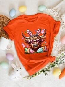 Women'S Plus Size Casual Highland Cow Easter Theme Print T - Shirt - Round Neck, Fashionable Ladies Clothing,Lightweight & Breathable,Summer Vacation Clothing Women'S Plus Size T - Shirt - 珊瑚橙 - 查看 1