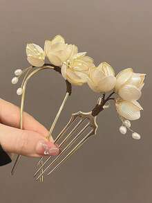 1个中国风花卉发梳，优雅牡丹花造型，女士发饰，传统中式发簪，发髻造型器，发髻发片，发型设计发夹，学习用品，发饰，头部饰品，夏季，假期，旅行 - 白色 - 查看 1