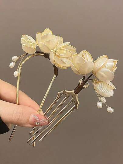 1个中国风花卉发梳，优雅牡丹花造型，女士发饰，传统中式发簪，发髻造型器，发髻发片，发型设计发夹，学习用品，发饰，头部饰品