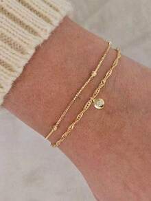 2pcs/Set Fashionable Minimalist Multi-Layer Stacking Gold Wavy Chain Oval Cubic Zirconia Copper Pendant Bracelet, Girl Accessories (Random Bead Quantity) - Gold - View 6