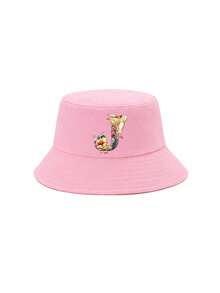 1顶女童粉色花卉字母图案渔夫帽，26个字母个性化时尚款，复古优雅轻便防晒，适合生日、节日、返校、四季休闲、户外、日常佩戴 - 粉色 - 查看 6