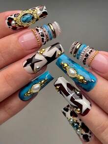 10片闪亮假指甲，DIY可爱巴洛克Y2K美式风格闪粉美甲，长方形亮片手工指甲，法式尖头全覆盖手工圆形手绘3D钻石星点蓝色豹纹金色珠子，适合派对和新年，适合女性节日使用，附赠凝胶贴纸和指甲锉。 - 彩色 - 查看 2