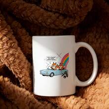 Fox In Car With Rainbow And Squirrel Mug Coffee Tea Cup Gift For Animal Lover Funny Cartoon Design - 白色 - 查看 4