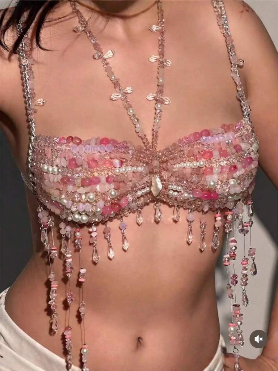 Glossmoon Pink Beads Festival Sexy Top Body Chain Chest Chain Body Chain Bikini Jewelry Beachwear Music Festival Nightclub Outfit - 粉紅色上衣 - 查看 1