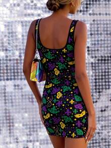 Vestido ajustado con tirantes finos para mujer LOVE JOYY, con un diseño elegante y de moda con máscara de carnaval y patrón de flor de lirio, adecuado para vacaciones, reuniones, salidas y ocasiones de fiesta - Multicolor - Ver 9