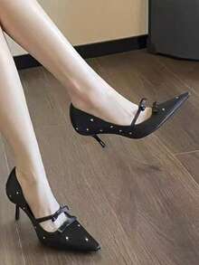 Women's Fashionable Niche Luxury Black Shoes, New Pointed Toe Low Vamp Thin Heel Pumps, Slimming Elegant Celebrity Bow French Versatile High Heels - Black - View 3